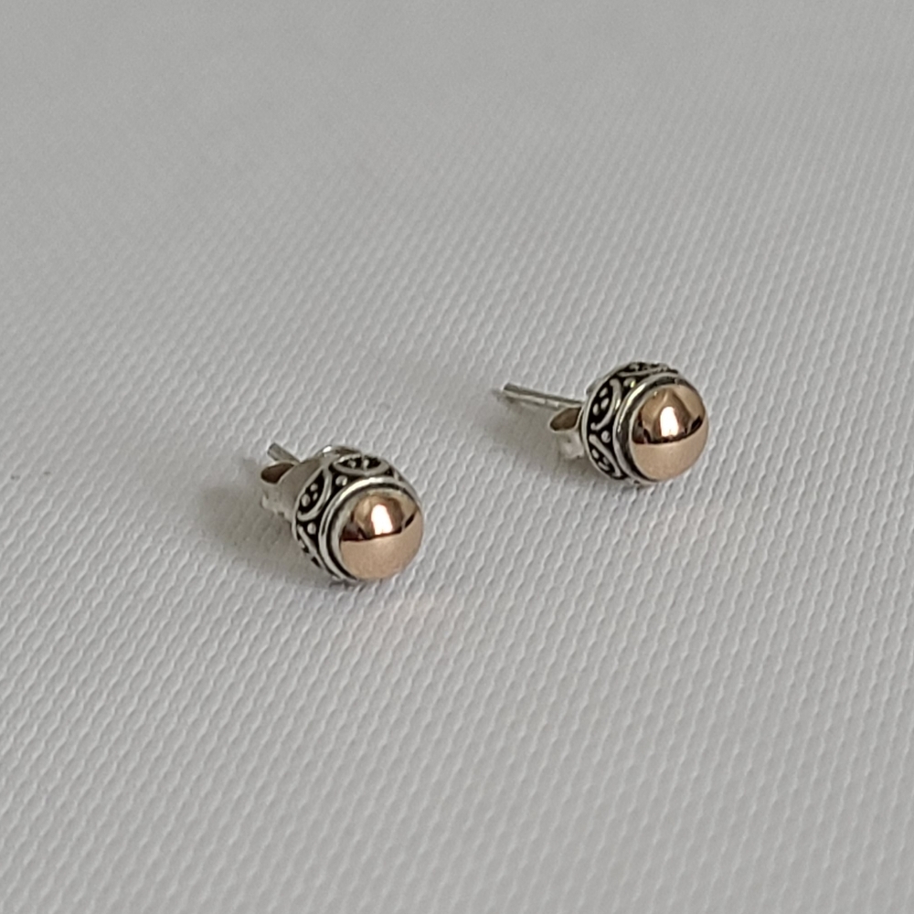 Sterling Silver Rose Gold Mixed Metal Engraved Half Ball Halo Stud Earrings
